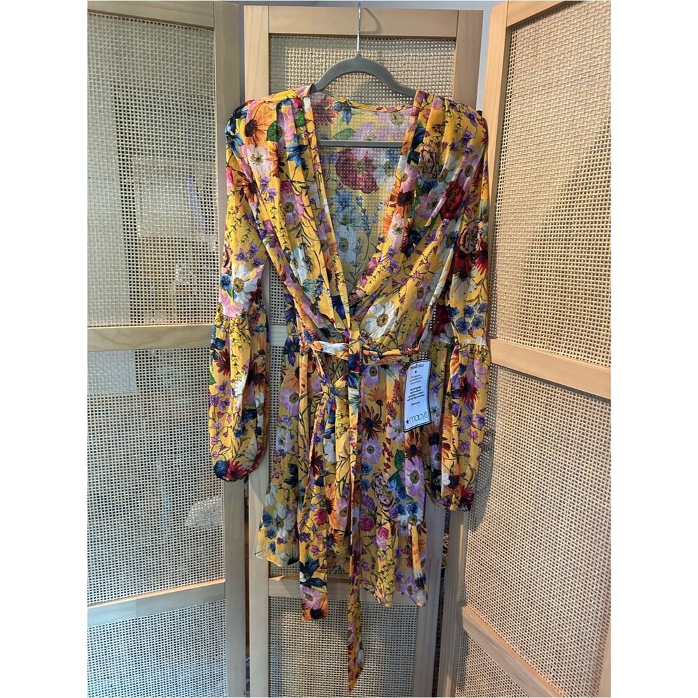 Betsy & Adam Floral Lurex Chiffon Wrap Dress NWT Size 4 Yellow